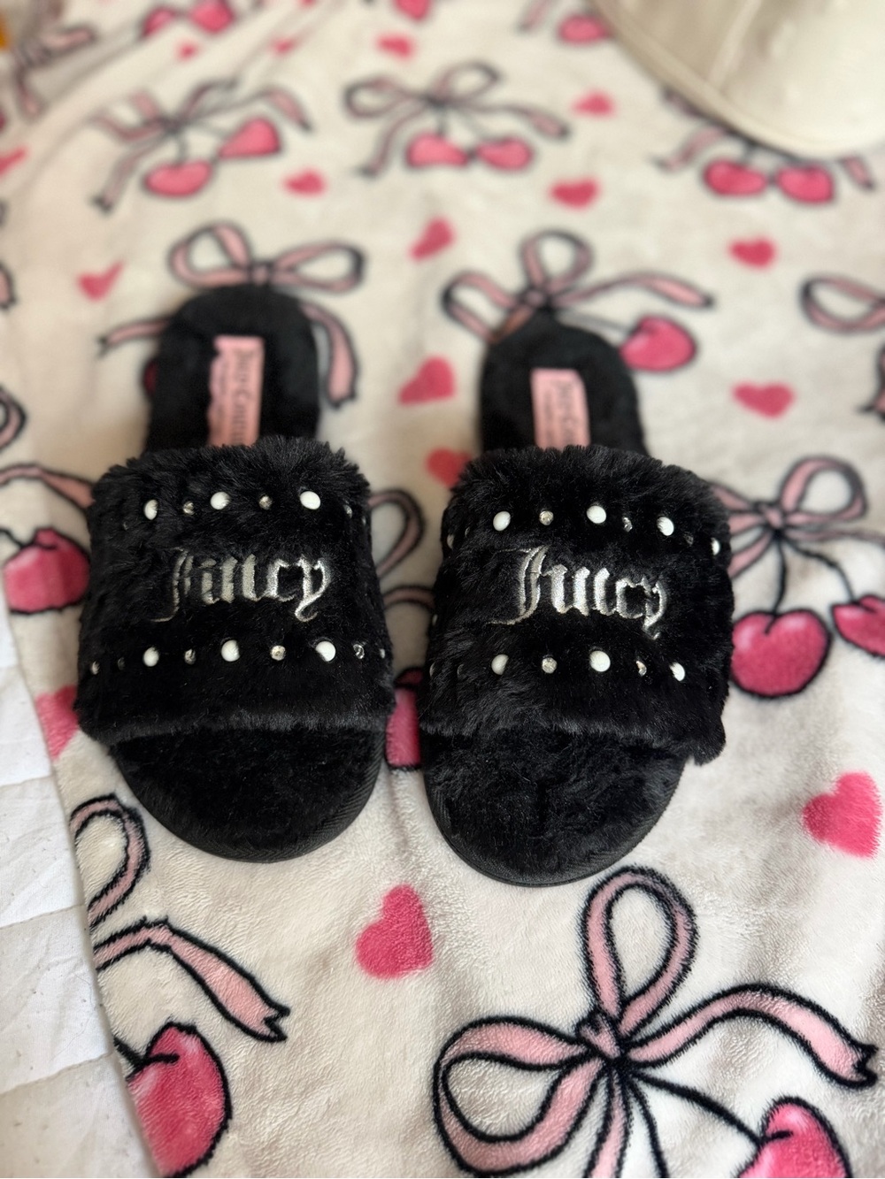 Juicy Couture Black Faux-Fur Slippers with Stud Accents